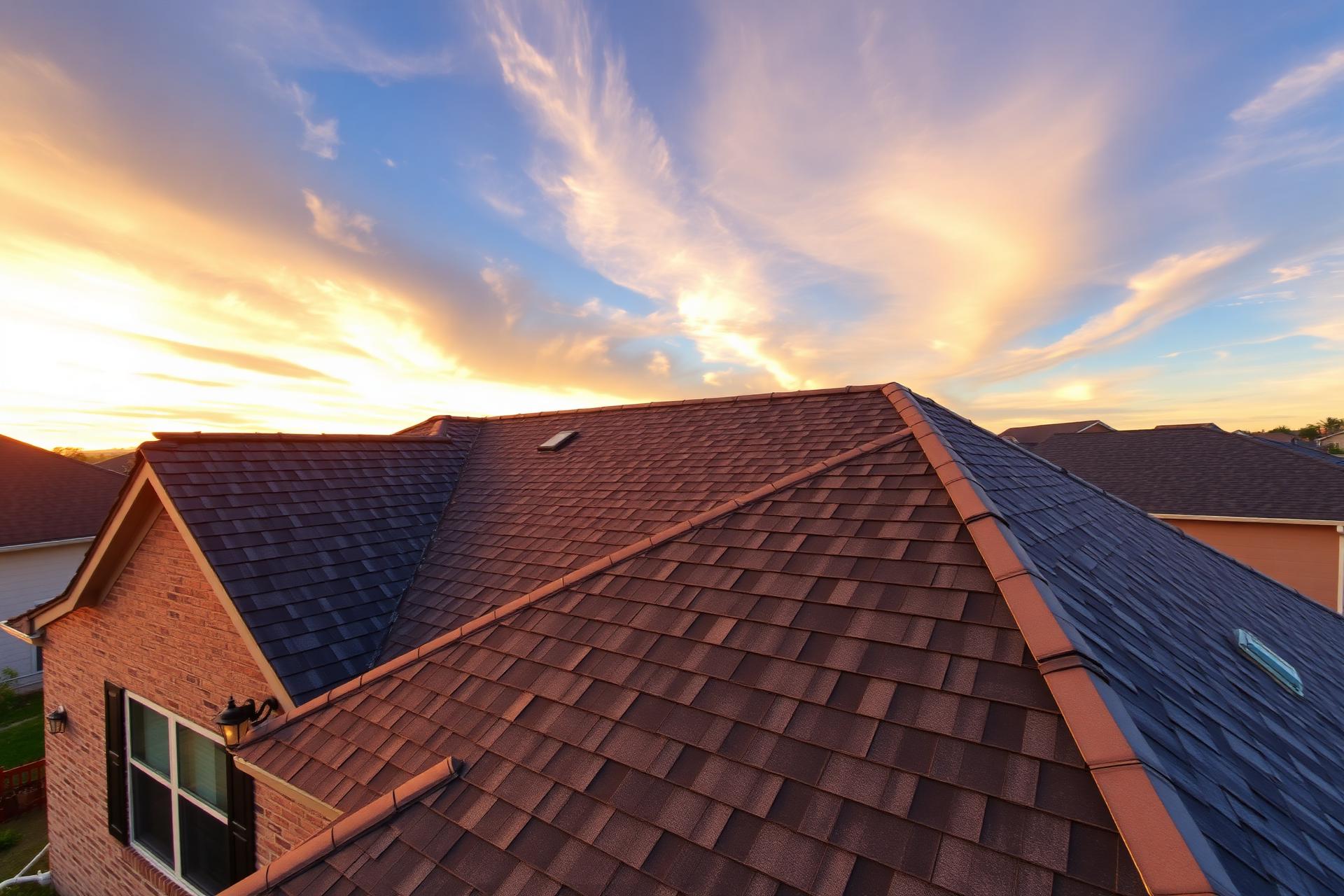Premium shingle roof on a Macomb County home at sunset